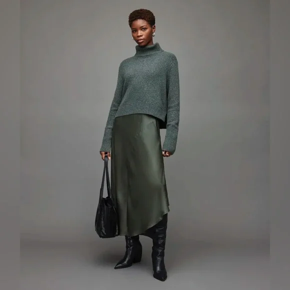 ALL SAINTS satin V neck green slip sleeveless maxi dress xs Euc - Picture 2 of 12